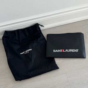 Saint Laurent Black Logo Zip Pouch with White Text